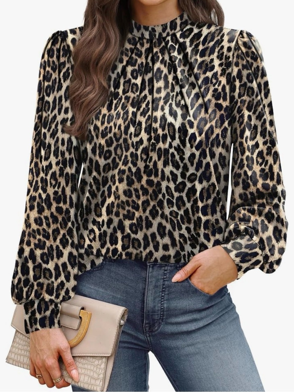 NEW Leopard Print Long-Sleeve Blouse - Beige/Black - Picture 4 of 4